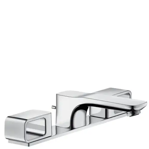Waschtischarmatur mit drei Anschlüssen und Zugstangen-Ablaufgarnitur in Chrom, designed von AXOR. Eignet sich für moderne Badezimmergestaltung.